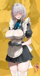 1girl absurdres alternate_costume apron black_dress black_gloves black_shirt black_skirt blue_bow blue_bowtie blue_halo bow bowtie breasts closed_eyes cropped_shirt dress embarrassed enmaided facing_viewer framed_breasts frilled_apron frills gloves grey_hair halo hana_hebi highres hololive large_breasts maid maid_headdress medium_hair miniskirt nervous_smile nipples no_bra open_mouth pleated_skirt puffy_short_sleeves puffy_sleeves see-through_silhouette shirogane_noel shirt short_sleeves skindentation skirt smile solo sweat thighhighs very_sweaty virtual_youtuber waist_apron wavy_hair wet wet_clothes white_apron white_thighhighs zoom_layer