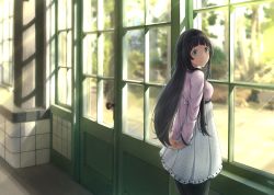 absurdres arms_behind_back bad_id bad_pixiv_id black_pantyhose day door dress flying_witch green_eyes haru_(we_are_wind) highres huge_filesize indoors kowata_makoto long_hair long_sleeves pantyhose smile solo sunlight very_long_hair window