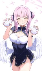 1girl absurdres angel_wings blue_archive blue_dress blush breasts china_dress chinese_clothes cleavage closed_mouth commentary dress dumpling feathered_wings floral_print_dress food gabang hair_ornament hair_scrunchie halo heart highres holding holding_food looking_at_viewer low_wings mika_(blue_archive) pink_hair pink_halo scrunchie short_sleeves simple_background smile solo steamed_bun thighs tongue tongue_out white_background white_wings wings yellow_eyes