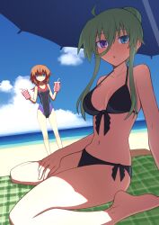 Rule 34 | 2girls, arm support, barefoot, beach, bikini, black bikini, blue eyes, blue sky, closed mouth, cup, einhard stratos, green hair, hair between eyes, heterochromia, hibun tsukasa, highres, holding, holding cup, kneeling, lyrical nanoha, mahou shoujo lyrical nanoha detonation, multiple girls, navel, one-piece swimsuit, open mouth, purple eyes, sky, stern the destructor, summer, swimsuit, umbrella