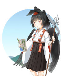 1girl animal animal_on_head bird bird_on_head black_hair black_wings blush commentary crow female_focus hakama hakama_short_skirt hakama_skirt hat japanese_clothes map on_head open_mouth original raven red_eyes short_hair skirt solo staff tamanoti tengu tokin_hat wings