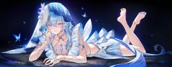 1girl absurdres armlet blue_butterfly blue_dress blue_hair blue_nails blue_veil blush bug butterfly collarbone colored_eyelashes commentary_request dress feet fingernails full_body hair_between_eyes hand_up highres insect jewelry korean_commentary long_hair looking_at_viewer nail_polish parted_lips picter purple_eyes shorekeeper_(wuthering_waves) sleeveless sleeveless_dress soles solo toes two-tone_veil veil white_veil wuthering_waves