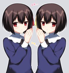 2girls akeiro_kaikitan asagi_nanami blue_dress blush brown_hair commentary_request dress empty_eyes eyelashes grey_background hair_between_eyes hair_ribbon hand_up highres long_sleeves looking_at_viewer multiple_girls outline parted_lips puffy_long_sleeves puffy_sleeves red_eyes red_ribbon ribbon ruka_(akeiro_kaikitan) ruri_(akeiro_kaikitan) short_hair siblings side-by-side simple_background sisters sound_effects twins upper_body whispering white_outline yellow_ribbon