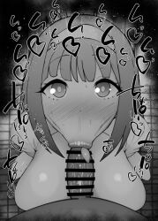 1boy 1girl :&gt;= bar_censor blush breasts censored erection fellatio greyscale hetero kurotama large_breasts long_hair looking_at_viewer monochrome ninja_to_koroshiya_no_futarigurashi nose_blush oral penis pov pov_crotch saliva solo_focus sweat tile_floor tiles yoshida_aoko
