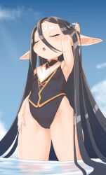 Rule 34 | 1girl, absurdly long hair, black hair, blue sky, breasts, casual one-piece swimsuit, closed eyes, facial mark, forehead mark, granblue fantasy, harvin, highres, long hair, ocean, one-piece swimsuit, open mouth, pointy ears, rei (granblue fantasy), sky, small breasts, solo, sunlight, swimsuit, variant set, very long hair, wading, water, yggsil