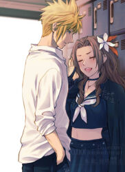 1boy 1girl aerith_gainsborough aerith_gainsborough_(midgard_seventh_high_school) belt black_belt black_choker black_gloves black_jacket black_pantyhose black_sailor_collar black_shirt black_skirt blonde_hair blue_eyes blush breasts brown_hair choker clip_studio_paint closed_eyes closed_mouth cloud_strife cloud_strife_(midgard_seventh_high_school) collared_shirt couple crop_top delinquent final_fantasy final_fantasy_vii final_fantasy_vii_ever_crisis flower furrowed_brow gakuran gloves grey_neckerchief hair_flower hair_ornament hair_ribbon hand_in_pocket hetero jacket jacket_on_shoulders kabedon locker long_hair medium_breasts midriff neckerchief official_alternate_costume open_mouth pantyhose parted_bangs pleated_skirt red_ribbon ribbon sailor_collar school_uniform shirt short_hair side_ponytail sidelocks skirt sleeves_rolled_up smile spiked_hair studded_belt sukeban takaya_natsuki upper_body wavy_hair white_flower white_shirt