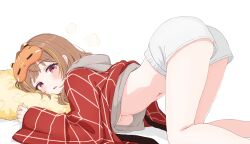 1girl all_fours blush breasts brown_hair grey_hoodie grey_shorts highres hood hoodie jacket looking_at_viewer mask mask_on_head multicolored_hair navel open_mouth orange_hair pillow purple_eyes red_jacket sendo_yuuhi sendo_yuuhi_(2nd_costume) shorts sleep_mask solo streaked_hair two-tone_hair underboob virtual_youtuber vspo! white_background yamaoka_remu