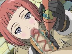 Rule 34 | 00s, 1girl, blunt bangs, bob cut, censored, fellatio, gloves, hetero, hot dog, ketchup, last exile, lavie head, mosaic censoring, oral, penis, penis hot dog, red hair, short hair, solo focus