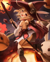 Rule 34 | 1girl, :d, absurdres, ahoge, alternate costume, ass, bare back, bat (animal), blurry, broom, broom riding, brown shoes, cape, clover print, commentary, crumbles, depth of field, detached sleeves, english commentary, explosion, from behind, genshin impact, hair between eyes, halloween, hat, hat feather, hat ornament, head tilt, highres, holding, holding broom, jumpy dumpty, klee (genshin impact), light brown hair, long hair, long sleeves, looking at viewer, looking back, low twintails, open mouth, orange eyes, pointy ears, red cape, shaft look, shoes, sidelocks, smile, solo, twintails, witch, witch hat