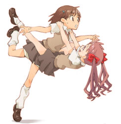 00s 2009 2girls bare_legs blush bow brown_eyes brown_hair full_body hair_bow hair_ornament hairclip hands_on_another&#039;s_shoulders long_hair looking_at_another loose_socks matching_hair/eyes miniskirt misaka_mikoto multiple_girls nse open_mouth red_bow school_uniform shirai_kuroko shoes short_hair shorts shorts_under_skirt skirt smile socks standing standing_on_one_leg summer_uniform sweatdrop toaru_kagaku_no_railgun toaru_majutsu_no_index tokiwadai_school_uniform twintails white_background white_socks
