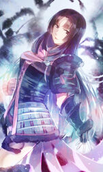 1girl asymmetrical_sleeves black_gloves cowboy_shot expressionless fingerless_gloves fur_trim gloves long_hair looking_at_viewer oichi_(sengoku_basara) purple_eyes purple_hair sengoku_basara solo toruglose uneven_sleeves