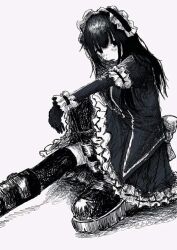 1boy black_boots black_eyes black_gloves black_hair black_lips black_thighhighs boots crossdressing gloves goth_fashion gothic_lolita jpeg_artifacts lolita_fashion looking_at_viewer maid_headdress monochrome moyashimon on_ground platform_boots popocna sitting thighhighs trap yuuki_kei