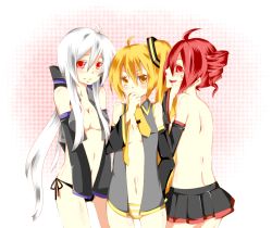 3girls akita_neru asymmetrical_hair bad_id bad_pixiv_id black_panties blonde_hair breasts cleavage crossover detached_sleeves drill_hair kasane_teto kasane_teto_(utau) loli long_hair microskirt midriff multiple_girls no_bra open_clothes open_shirt panties pleated_skirt ponytail red_eyes red_hair richard shirt side-tie_panties side_ponytail silver_hair skirt small_breasts standing striped_clothes striped_panties topless_female twin_drills twintails underwear utau vocaloid yellow_eyes yellow_panties yowane_haku