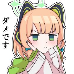 1girl :&lt; absurdres animal_ear_headphones animal_ears blonde_hair blue_archive blush bow cat_ear_headphones cat_ears closed_mouth commentary_request fake_animal_ears green_bow green_eyes green_halo green_jacket hair_bow halo headphones highres hood hood_down hooded_jacket jacket jitome layered_sleeves looking_at_viewer low-tied_sidelocks midori_(blue_archive) moko_sha_(wao_ko) multicolored_jacket outline portrait short_hair sidelocks simple_background solo split_mouth translation_request v-shaped_eyebrows white_background white_jacket white_outline wide_sleeves x_arms