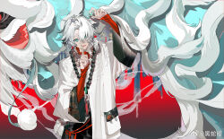 Rule 34 | 1boy, bead necklace, beads, blue background, blue eyes, candy, eyes visible through hair, finger to mouth, food, fuyun (guilongchao), guilongchao, hair over one eye, hands up, highres, holding, holding candy, holding food, index finger raised, jacket, jewelry, looking at viewer, male focus, necklace, red background, solardark09, solo, straight-on, upper body, watermark, weibo watermark, white hair, white jacket