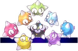 Rule 34 | alternate color, commentary, dualcosmog, english commentary, full body, gen 7 pokemon, minior, minior (blue core), minior (core), minior (green core), minior (indigo core), minior (orange core), minior (red core), minior (violet core), minior (yellow core), nintendo, no humans, outline, pokemon, pokemon (creature), pokemon focus, shiny and normal, shiny pokemon, smile, transparent background, white outline