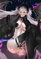 1girl absurdres black_boots black_panties body_markings boots breasts commentary demon_girl demon_wings fate/grand_order fate_(series) green_eyes grey_hair highres horns jacket jikihatiman lilith_(fate) long_hair looking_at_viewer naked_jacket navel panties pointy_ears solo thigh_boots twintails underwear very_long_hair wings