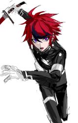 1boy ahoge arm_up binxngchng1 blue_eyes gloves highres holding holding_sword holding_weapon last_defense_academy_school_uniform looking_at_viewer male_focus messy_hair multicolored_eyes multicolored_hair open_mouth purple_hair red_eyes red_hair simple_background sketch solo solo_focus sumino_takumi sword teeth the_hundred_line_-last_defense_academy- tongue weapon white_background white_gloves