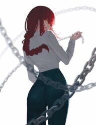 1girl absurdres ass black_pants braid braided_ponytail chain chainsaw_man cyansanu highres light_smile long_hair looking_back makima_(chainsaw_man) pants red_hair shirt shirt_tucked_in simple_background solo white_background white_shirt yellow_eyes