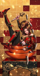 arm_up armor black_pantyhose bowl bra brown_eyes brown_hair cross-laced_clothes cross-laced_top fingernails high_collar japanese_clothes jewelry kaihime kimono leg_up legs lips long_hair mitsuya nail_polish necklace obi one_eye_closed pantyhose parted_bangs platform_sandals ponytail red_nails sandals sash sengoku_musou sitting smile sword underwear v weapon wedge_heels whip_sword wink