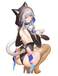 1girl animal_ear_fluff animal_ears animal_hood ass backless_leotard black_leotard blue_eyes boots cat_ears cat_girl cat_hood cat_tail cipher_(honkai:_star_rail) commentary from_behind gold_boots grey_hair high_heel_boots high_heels highres honkai:_star_rail honkai_(series) hood hooded_leotard leotard looking_at_viewer nevercrymoon short_hair_with_long_locks simple_background solo squatting tail tongue tongue_out white_background