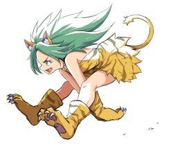 Rule 34 | 1girl, animal ear fluff, animal ears, animal hands, bare arms, bare shoulders, brown gloves, cham cham, dress, female focus, gloves, green eyes, green hair, highres, ikaringo (ikaringo4444), long hair, matching hair/eyes, open mouth, parted bangs, paw gloves, paw shoes, samurai spirits, shoes, simple background, sleeveless, sleeveless dress, smile, snk, solo, tail, white background, yellow dress, yellow shoes