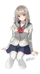 1girl blue_sailor_collar blue_skirt blush bow breasts brown_hair closed_mouth collarbone long_hair long_sleeves looking_at_viewer medium_breasts neckerchief original pleated_skirt purple_eyes sailor_collar school_uniform serafuku shirt simple_background sitting skirt smile solo thighhighs unasaka_ryou white_thighhighs