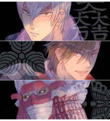 3boys :d :| armor bandaged_hand bandages black_background black_sclera brown_eyes brown_hair close-up closed_mouth colored_sclera column_lineup green_eyes grey_hair hair_between_eyes helmet ishida_mitsunari_(sengoku_basara) japanese_armor kabuto_(helmet) letterboxed looking_at_viewer male_focus multiple_boys ootani_yoshitsugu_(sengoku_basara) open_mouth parted_lips sengoku_basara shima_sakon_(sengoku_basara) short_hair smile toruglose v-shaped_eyebrows yellow_eyes
