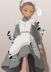 ... 1boy 1girl aji_n apron brown_hair commentary_request dark-skinned_female dark_skin dress grey_dress gundam gundam_gquuuuuux hand_under_clothes hand_under_skirt highres kanchana maid maid_apron maid_headdress pantyhose pov pov_hands purple_eyes short_hair speech_bubble spoken_ellipsis standing