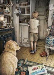 1boy armchair blonde_hair bookshelf carpet chair chest_of_drawers child commentary_request dog door drawing_(object) facing_away full_body highres indoors kobone_awaki lamp lock male_focus original padlock silk spider_web toy wooden_floor
