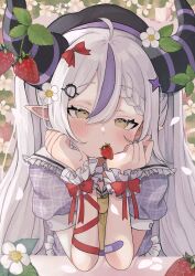 1girl absurdres ahoge alternate_costume bandaid bandaid_on_arm blush braid commentary commentary_request demon_horns elbows_on_table food fruit grey_hair hair_between_eyes hair_ribbon highres hololive horns la+_darknesss long_hair multicolored_hair nemuta_muu pointy_ears purple_hair purple_horns red_ribbon ribbon solo strawberry streaked_hair striped_horns table very_long_hair virtual_youtuber yellow_eyes