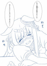 1girl absurdres animal_ears chrono_genesis_(umamusume) closed_eyes commentary_request crying hair_between_eyes hair_ornament highres horse_ears horse_girl monochrome open_mouth school_uniform simple_background solo table take20131004 tracen_school_uniform translation_request umamusume white_background