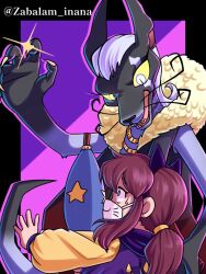 2girls a_hat_in_time animal_ear_hairband animal_ears animal_nose black_fur black_tail blue_eyes brown_hair child claws commentary_request fake_animal_ears fangs fur-trimmed_vest fur_trim furry furry_female glint gold_necklace grey_fur grey_tail hair_tie hairband hat_kid height_difference heterochromia jacket jewelry long_hair long_sleeves looking_at_another looking_down mask mouth_mask multicolored_jacket multiple_girls necklace official_alternate_costume open_hand open_mouth orange_eyes paw_print ponytail purple_hairband purple_jacket red_vest sidelocks slit_pupils small_sweatdrop the_empress_(a_hat_in_time) twitter_username two-tone_jacket vest whiskers white_hair white_mask yellow_jacket zabalam_inana