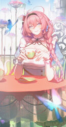1girl absurdres ahoge angelica_(epic_seven) black_hairband blue_butterfly blue_eyes braid breasts bug butterfly chair closed_mouth cup dress epic_seven frilled_dress frills gootai hair_between_eyes hairband half-closed_eyes highres holding holding_cup insect large_breasts on_chair pink_hair puffy_short_sleeves puffy_sleeves short_sleeves sitting smile solo table teacup upper_body