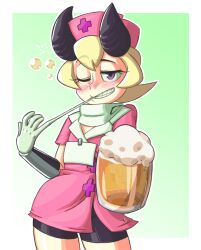 Rule 34 | alcohol, beer, beer mug, blonde pubic hair, blushing female, cup, drunk, freckles, glove in mouth, gloves, h0n3ybtl, hat, highres, horns, latex, latex gloves, mouth hold, mug, nurse, nurse cap, patty (skullgirls), skullgirls