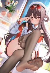 1girl absurdres beret black_thighhighs brown_hair crossed_legs eyewear_on_head feet genshin_impact ghost grin hair_between_eyes hat highres hu_tao_(genshin_impact) indoors long_hair no_shoes over-kneehighs paid_reward_available pleated_skirt radoremo red_eyes red_skirt see-through_clothes see-through_thighhighs shirt sitting skirt smile soles solo sunglasses thighhighs thighs toes v vase white_hat white_shirt