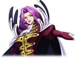 Rule 34 | 1girl, arm up, artist request, ascot, breasts, cape, coat, code geass, code geass: lost stories, cornelia li britannia, female focus, forehead, game cg, gloves, hair intakes, happy, high collar, highres, juliet sleeves, large breasts, lipstick, long hair, long sleeves, looking at viewer, makeup, military uniform, non-web source, official art, outstretched arm, parted lips, puffy sleeves, purple eyes, purple hair, purple lips, red coat, sidelocks, smile, solo, standing, teeth, upper body, v-shaped eyebrows, white ascot, white cape, white gloves