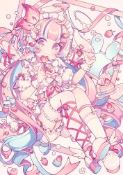 1girl ahoge ankle_lace-up asymmetrical_legwear bare_shoulders bloomers blue_hair blue_ribbon blush cake closed_mouth commentary detached_sleeves dress food food-themed_hair_ornament full_body hair_ornament heart heart-shaped_pupils hyou_(pixiv3677917) long_hair looking_at_viewer maid maid_headdress multicolored_hair original pink_eyes pink_hair pink_ribbon plate puffy_detached_sleeves puffy_sleeves ribbon shoes signature single_sock single_thighhigh sleeveless sleeveless_dress smile socks solo strawberry_hair_ornament streaked_hair symbol-only_commentary symbol-shaped_pupils thighhighs twintails two-tone_hair underwear uneven_legwear white_bloomers white_dress white_shoes white_sleeves white_socks white_thighhighs wing_hair_ornament x_hair_ornament