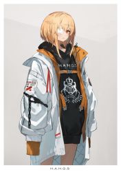 Rule 34 | 1girl, arms at sides, blonde hair, chain, closed mouth, clothes writing, coat, cowboy shot, eyepatch, female focus, grey background, heavily armed high school girls, highres, hood, hood down, hoodie, long sleeves, looking at viewer, medical eyepatch, neco, one eye covered, open clothes, open coat, original, red eyes, san (heavily armed high school girls), short hair, sidelocks, sleeves past fingers, sleeves past wrists, solo, white coat