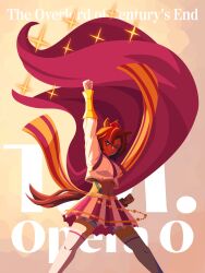 Rule 34 | 1girl, animal ears, cape, clenched hand, crown, dark-skinned female, dark skin, english text, gribberoni, hand up, highres, horse ears, horse girl, horse race tests, jovial merryment, midriff, one eye closed, orange hair, poster (medium), red cape, shirt, short hair, solo, sparkle, thighhighs, umamusume, white shirt, white thighhighs, zettai ryouiki