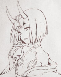 1girl breasts fang fate/grand_order fate_(series) haruhito_(divineshalt) horns japanese_clothes kimono lineart looking_at_viewer monochrome oni short_hair shuten_douji_(fate) small_breasts solo upper_body