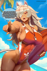 Rule 34 | 1girl, animal ears, araneesama, artist name, bare shoulders, beach, breasts, bursting breasts, collarbone, dark-skinned female, dark skin, english text, female focus, ghislaine dedoldia, highleg, highleg one-piece swimsuit, large breasts, lifeguard, long hair, muscular, muscular female, mushoku tensei, ocean, one-piece swimsuit, palm leaf, palm tree, patreon username, sand, solo, speech bubble, swimsuit, tail, thick thighs, thigh strap, thighs, toned, toned female, tree, water, watermark, web address, whistle, whistle around neck