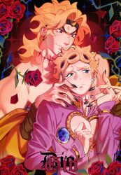 2boys absurdres blonde_hair bombyoon dio_brando father_and_son flower giorno_giovanna green_eyes headband highres jojo_no_kimyou_na_bouken ladybug_ornament long_hair long_sleeves male_focus multiple_boys red_eyes red_flower red_rose rose scar scar_on_neck smile stardust_crusaders stitched_neck stitches vento_aureo