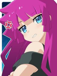 Rule 34 | 1girl, anger vein, black shirt, blue background, blue eyes, border, close-up, kirishima romin, kura (xxcracy), long hair, looking at viewer, purple hair, shirt, simple background, solo, white border, yu-gi-oh!, yu-gi-oh! sevens