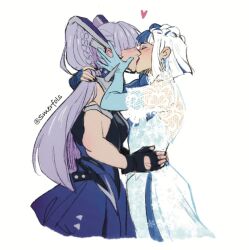 2girls artist_name blue_hair blush character_request closed_eyes earrings elbow_gloves fingerless_gloves gloves jewelry kiss long_hair makeup marvel marvel_rivals medium_hair multicolored_hair multiple_girls purple_hair simple_background skirt smerfols white_background white_hair x-men yuri