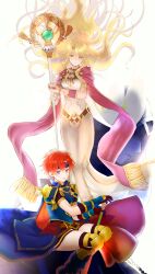 1boy 1girl 1other blonde_hair blue_eyes bramimond breasts dress fire_emblem fire_emblem:_the_binding_blade fire_emblem:_the_blazing_blade gloves green_eyes headband highres holding holding_staff long_dress long_hair looking_at_viewer medium_breasts nintendo purple_scarf red_hair roy_(fire_emblem) saint_elimine_(fire_emblem) scarf shoochiku_bai short_hair smile staff