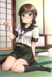 1girl anchor_symbol black_sailor_collar black_skirt blue_neckerchief blurry blurry_background blush breasts brown_hair commentary_request fubuki_(kancolle) fubuki_kai_ni_(kancolle) futon highres indoors izumikuma kantai_collection kneehighs looking_at_viewer low_ponytail neckerchief on_floor pleated_skirt ponytail sailor_collar school_uniform serafuku short_ponytail short_sleeves sidelocks sitting skirt small_breasts socks solo sweat tatami twitter_username
