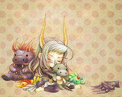aged_down barefoot behemoth bird carbuncle_(final_fantasy) child closed_eyes dissidia_final_fantasy final_fantasy final_fantasy_i horns long_hair male_focus phoenix polka_dot silver_hair stuffed_animal stuffed_toy ujuju warrior_of_light_(ff1)