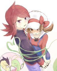 1boy 1girl asuka_rkgk blush bound brown_eyes brown_hair newsboy_cap gen_2_pokemon hat heart highres lyra_(pokemon) musical_note nintendo pokemon pokemon_hgss purple_eyes red_hair silver_(pokemon) spoken_musical_note sweat thighhighs tied_up_(nonsexual) twintails typhlosion vine_whip white_background
