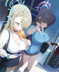 2girls absurdres aqua_bow aqua_bowtie asuna_(blue_archive) asuna_(school_uniform)_(blue_archive) bag black_bag black_choker black_hair black_skirt blue_archive blue_bow blue_bowtie blue_cardigan blue_eyes blue_halo blue_ribbon blue_scrunchie blush bow bowtie breasts brown_hair cardigan choker cleavage corn_dog dark-skinned_female dark_skin hair_over_one_eye halo highres holding holding_phone karin_(blue_archive) karin_(school_uniform)_(blue_archive) large_breasts long_hair miniskirt mole mole_on_breast multiple_girls nail_polish official_alternate_costume phone pleated_skirt purple_hair purple_halo ribbon school_bag school_uniform scrunchie skirt tongue tongue_out very_long_hair wrist_scrunchie xubai yellow_eyes